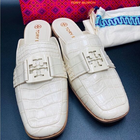 Tory Burch Georgia Loafer Mule Goat Leather SIZE 8.5 Cream - Picture 1 of 5